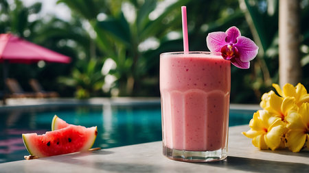 Smoothie with watermelon on the swimming pool. Selective focusの素材