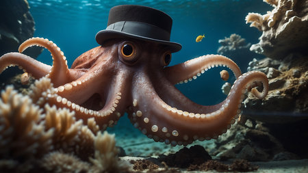 Octopus in a hat floating in the sea. Underwater photography.の素材