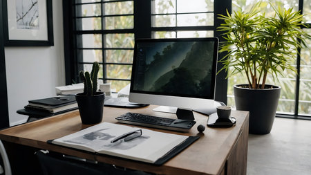 Bonsai tree in a pot on a wooden table with pebblesの素材