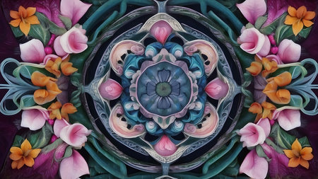 Kaleidoscope of color with beautiful ornamental pattern. Computer generated graphics.の素材