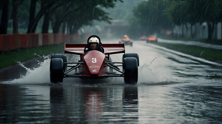 Racing on a flooded road during a flood caused by heavy rainの素材