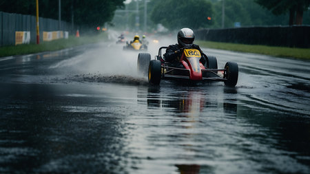 Racing car on the road during a flood with heavy rain.の素材