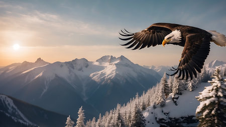 Bald Eagle (Haliaeetus leucocephalus) flying over snowy mountainsの素材