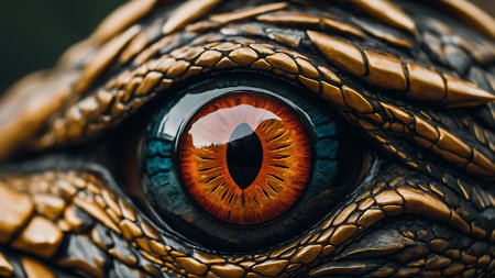 Close up of an eye of a dragon. Macro image with shallow depth of field.の素材