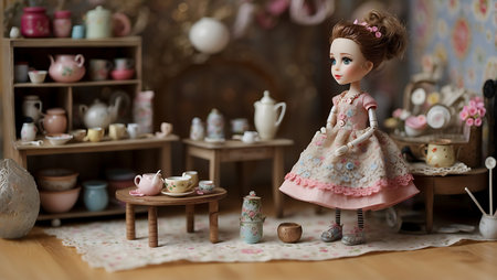 Beautiful doll in the interior of the kitchen. Vintage style.の素材