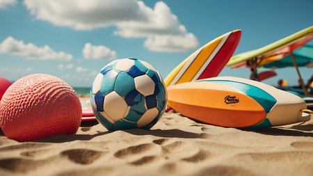 beach equipment on the sand with blue sky and white clouds backgroundの素材