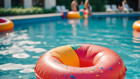 Colorful inflatable ring floating in swimming pool on hot summer dayの素材