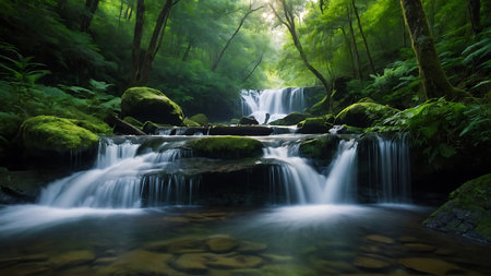 beautiful waterfall in the green forest. long exposure, long exposureの素材