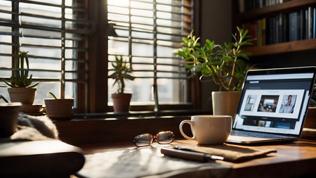 Coffee cup on wooden table with laptop and eyeglassesの素材