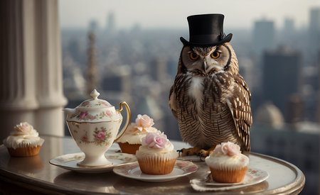 Cupcakes with a beautiful owl in a hat and a cup of teaの素材