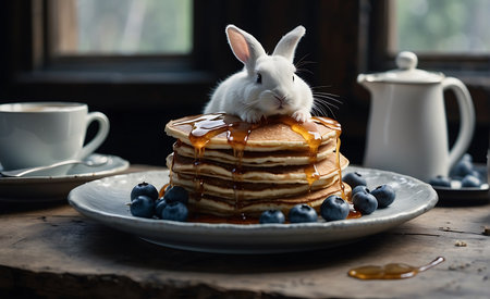 Cute little bunny and pancakes with blueberry and maple syrup on wooden tableの素材