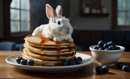 Cute bunny and pancakes with blueberries on a wooden table.の素材