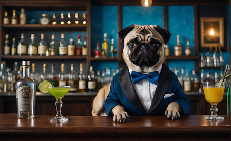 Cute pug dog in a blue suit and bow tie sitting at the bar counter and looking at the cameraの素材