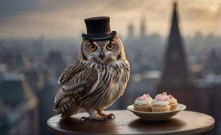 Owl in top hat with cupcakes on the background of the cityの素材