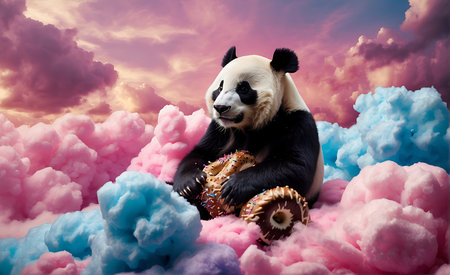 Panda bear sitting on the cloud in the sky. 3d renderingの素材