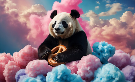 Panda bear sitting on a cloud with a pretzel in his handの素材
