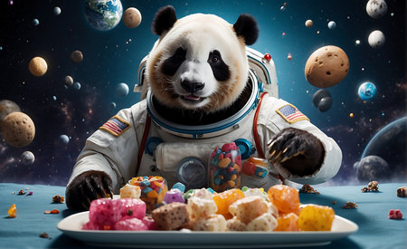 Astronaut with panda bear eating candies. Mixed mediaの素材