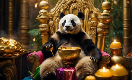A giant panda is sitting in a chair with a bowl of honey.の素材