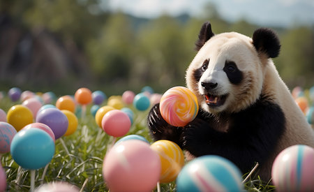A giant panda in the park playing with colorful Easter eggs.の素材