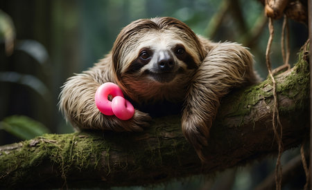 Cute sloth is lying on the tree with pink heart.の素材