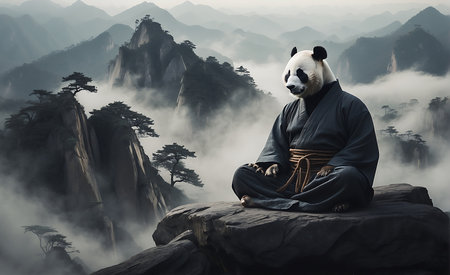 Panda in kimono sitting on a rock in the mountainsの素材