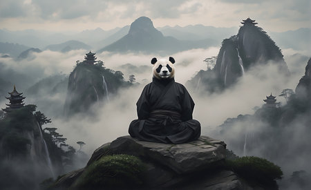 Panda sitting on a rock in front of a waterfall in a foggy forestの素材