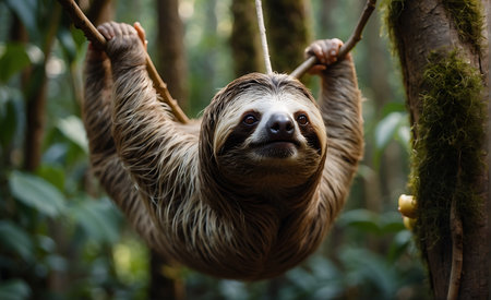 Sloth hanging on a tree in the rainforest of Costa Ricaの素材