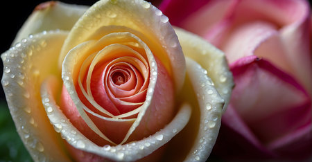 Close up of pink and yellow rose with water drops on petalsの素材