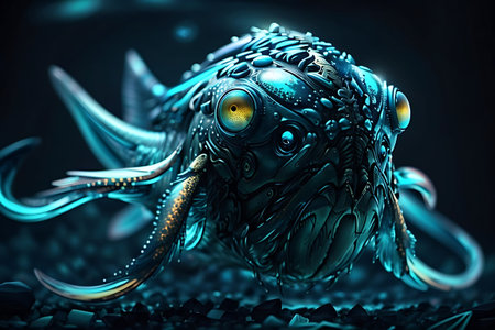 3D rendering of a fantasy alien creature in black and blue.の素材