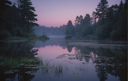 Misty morning on the lake in the forest. Beautiful summer landscape.の素材