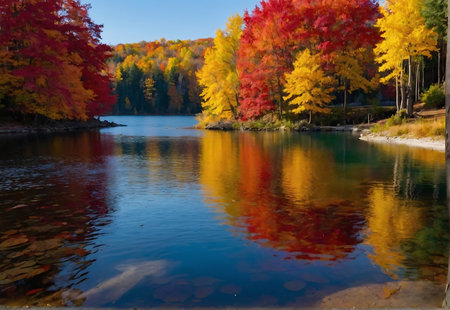 Autumn landscape with colorful forest and lake, Ontario, Canada.の素材