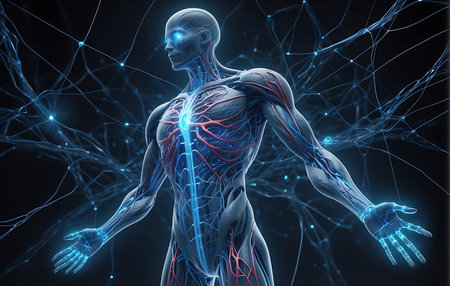 Human body with circulatory system on dark background. 3D renderingの素材