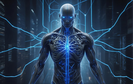 Human body with glowing electrical circuit on blue background. 3D renderingの素材