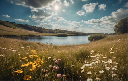 Beautiful summer landscape with lake and wildflowers. Vintage filter.の素材