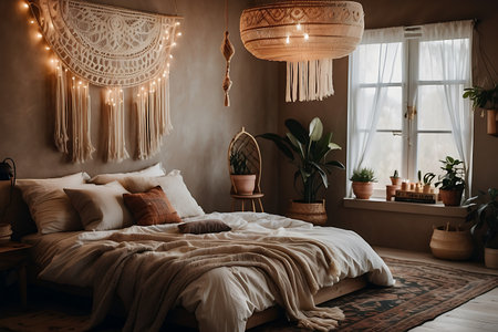 Bedroom interior with bed, lamp, plants, window and curtainsの素材
