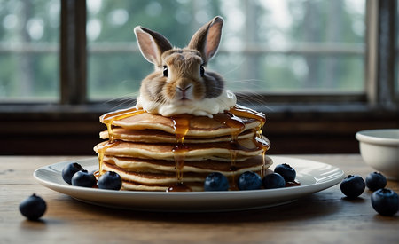Cute little rabbit with pancakes and blueberry on a wooden tableの素材
