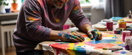 Close-up of a male artist painting on a canvas in his studioの素材