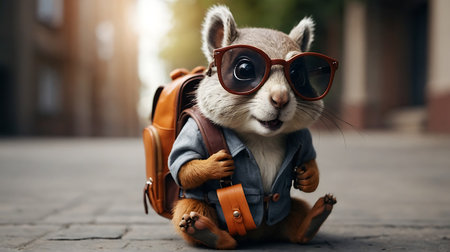 Funny squirrel wearing sunglasses and backpack walking on the street. Travel concept.の素材
