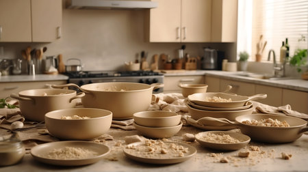 Bowls with uncooked rice on table in kitchen at homeの素材