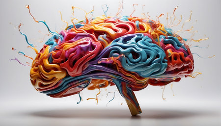 Human brain with colorful paint splashes on white background. 3D renderingの素材