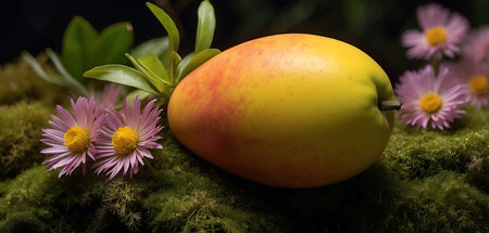 Mango and daisies on green moss. Nature background.の素材