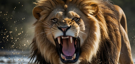 Lion roaring at the camera in Kruger National Park, South Africa ; Specie Panthera leo family of Felidaeの素材