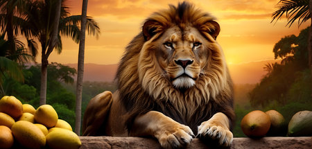 Lion on the rock with tropical background, 3d render.の素材