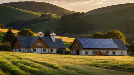 Solar panels installed on the roof of a rural house in the countrysideの素材