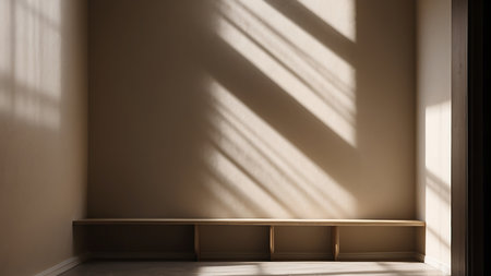 3d render of interior room with wooden shelf and sunlight from windowの素材