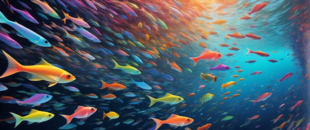 Underwater scene of a school of fish swimming in the ocean.の素材