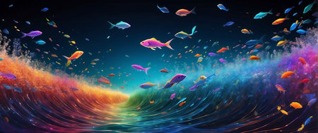 3D illustration of colorful abstract background with fish swimming in the oceanの素材