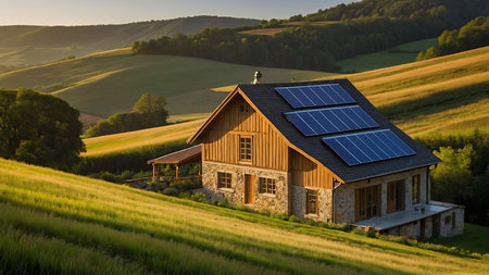 Solar panels on the roof of a wooden house in the countryside.の素材