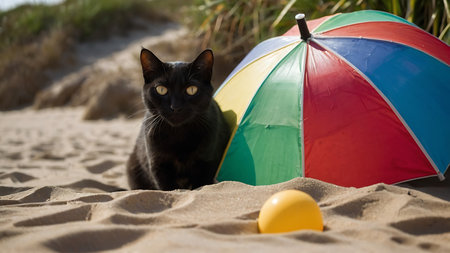 Black cat sitting on the beach with umbrella and ball in the backgroundの素材