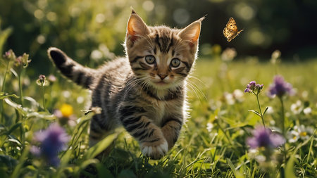 Cute little kitten running in the grass and looking at butterfly.の素材